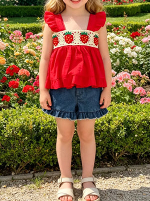Red Children's Strawberry Crochet Trim Top & Denim Shorts Set