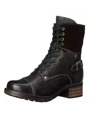 Black leather combat boot with contrast cuff, lace-up front, side buckle detail, and stacked heel.