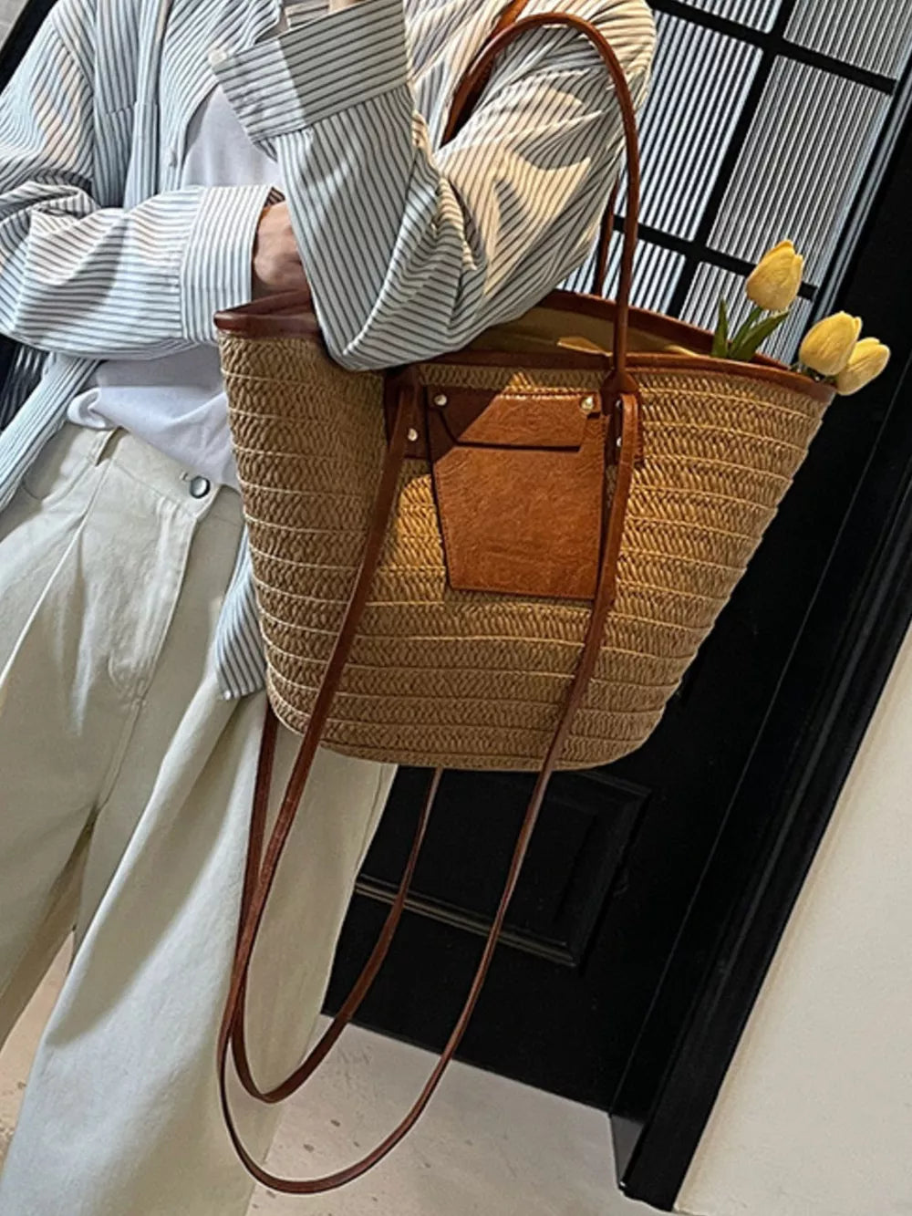 Khaki Straw Woven Shoulder Bag With Leather Accents