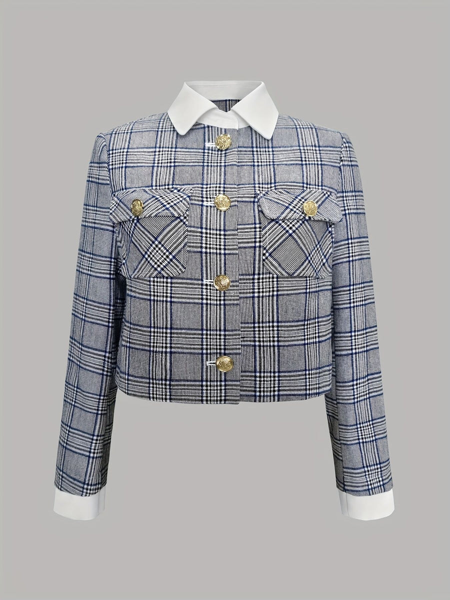 navy blue blazer with cropped and button-front