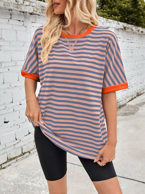 Striped Breton tee with orange trim and crew neck.