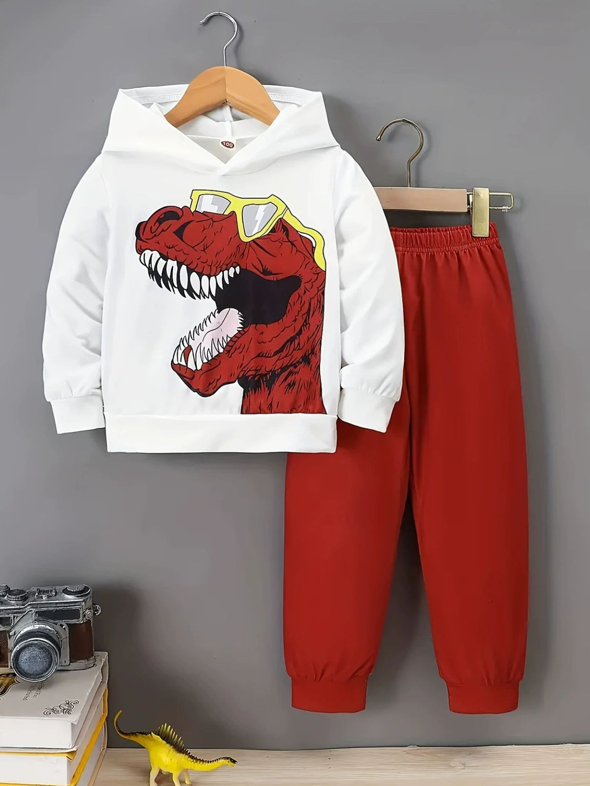 White dinosaur graphic hoodie and red pants set for baby boys