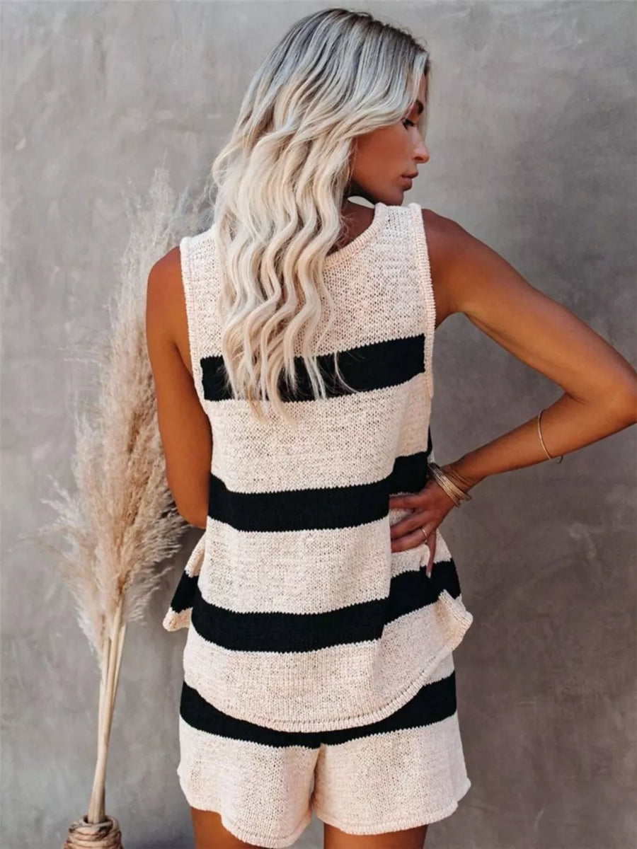 Chic beige and black striped knit two-piece set with sleeveless top and shorts.
