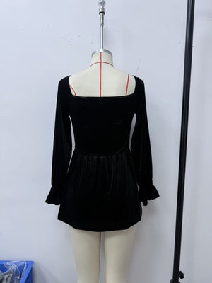 Black flared peplum top with square neck
