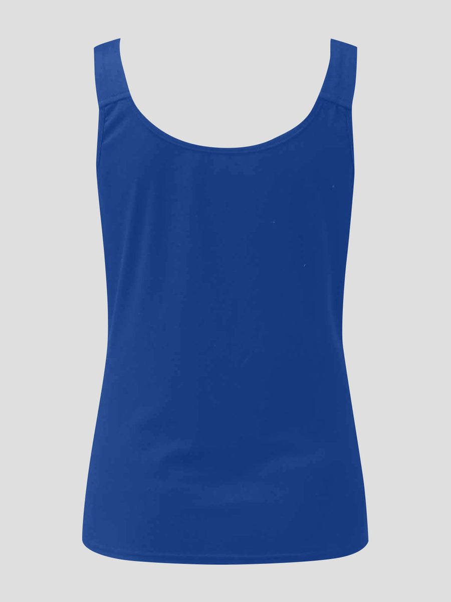 Royal blue ribbed tank top with scoop neckline and wide straps.