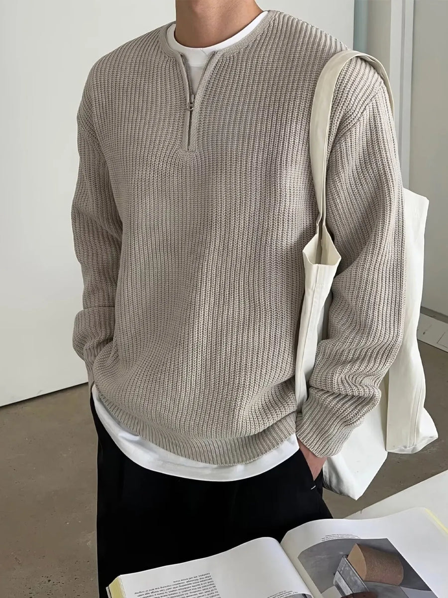 Khaki quarter zip relaxed fit pullover sweater with ribbed texture.