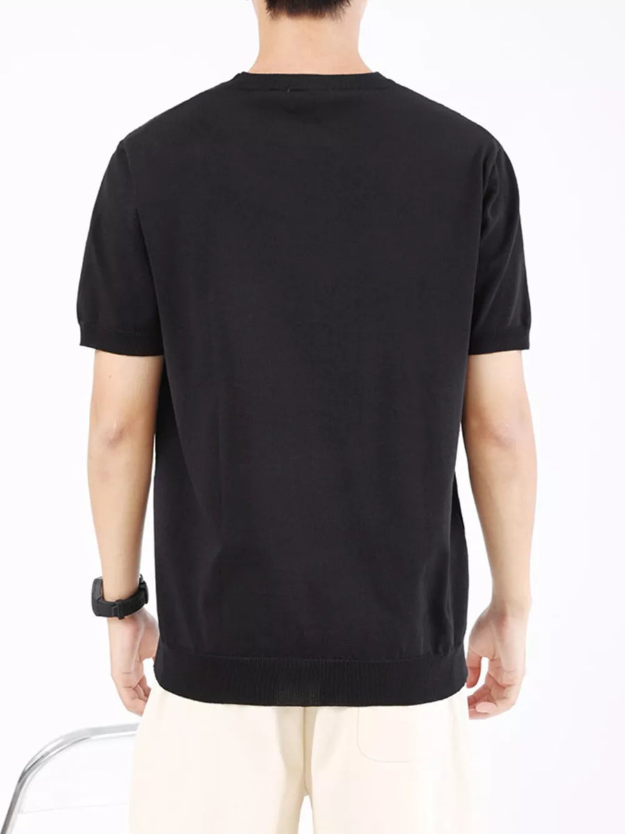 Men's black ribbed knit t-shirt with short sleeves and crew neck.