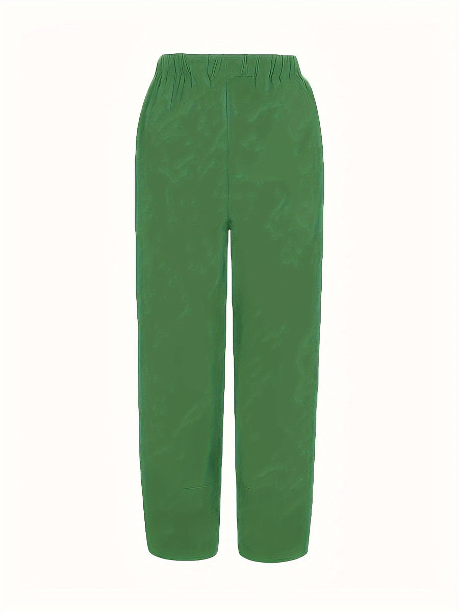 Army green relaxed fit wide-leg pants with elastic waistband and textured fabric.