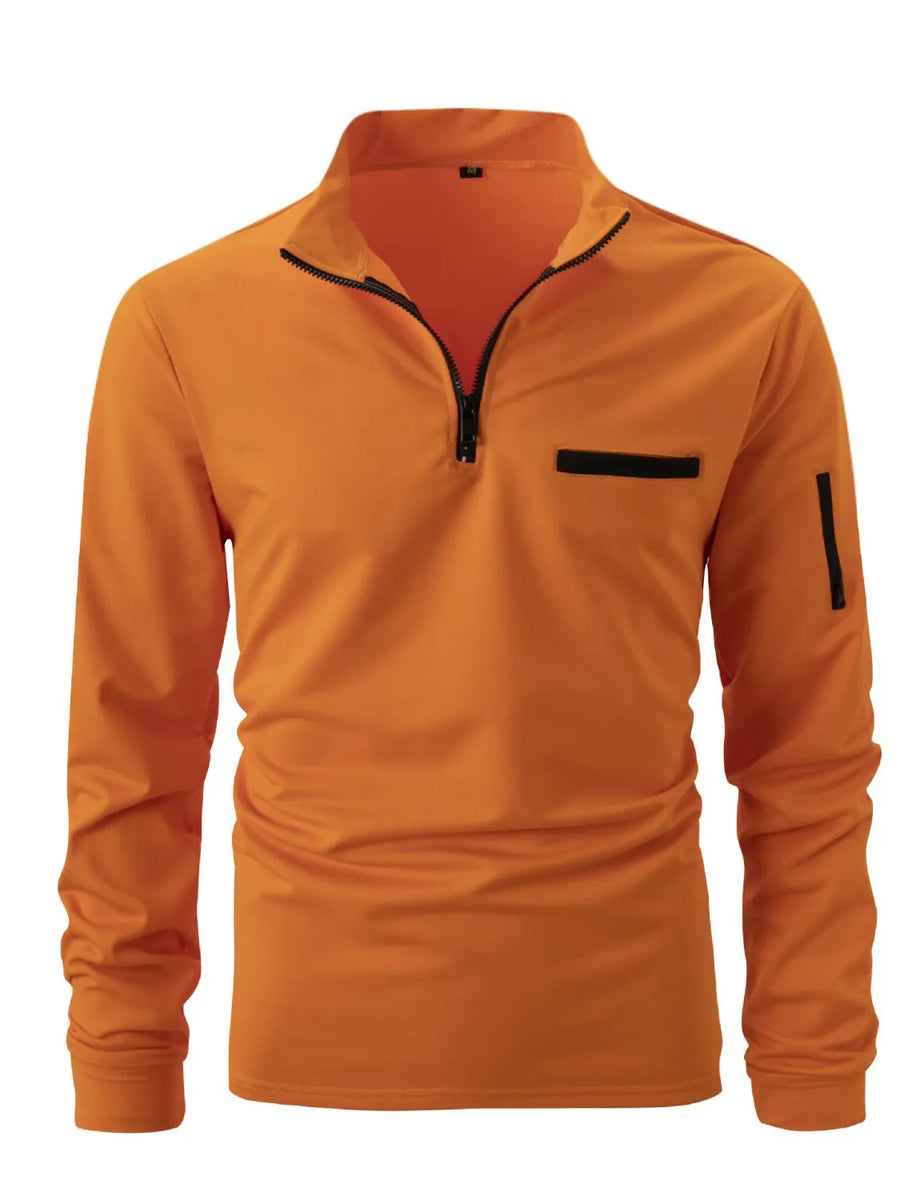 Orange mock neck zip-up sweatshirt with welt pocket and sleeve pocket detail.