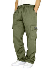 Moss green fleece cargo lounge trousers with drawstring waist and pockets.