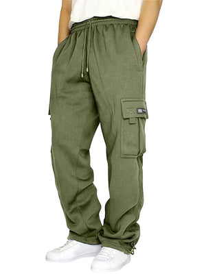 Moss green fleece cargo lounge trousers with drawstring waist and pockets.