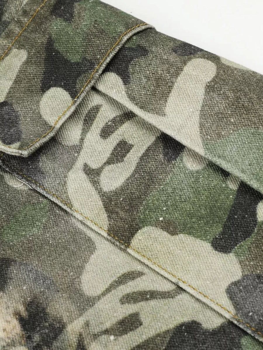 Maternity cargo capris in camouflage print with visible pocket detail and stitching.