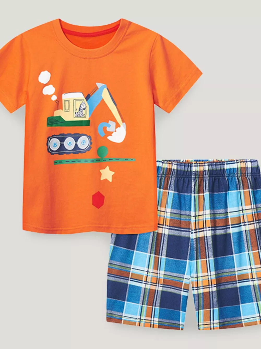 Orange excavator graphic tee and blue plaid shorts pajama set for toddlers.