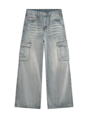 Light wash relaxed fit denim cargo pants with vintage appeal and wide legs.