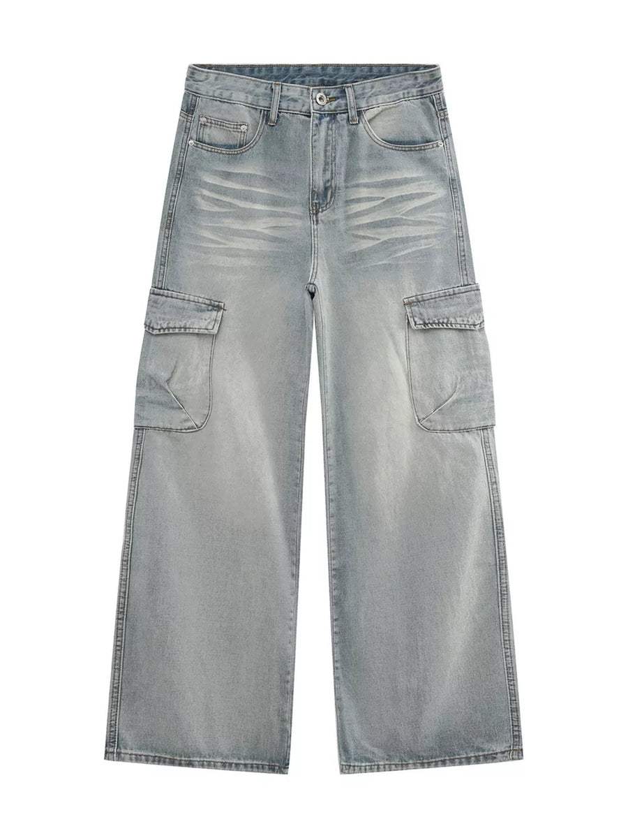 Light wash relaxed fit denim cargo pants with vintage appeal and wide legs.