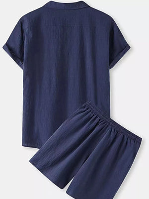 Navy blue linen blend short sleeve collared shirt and drawstring shorts set