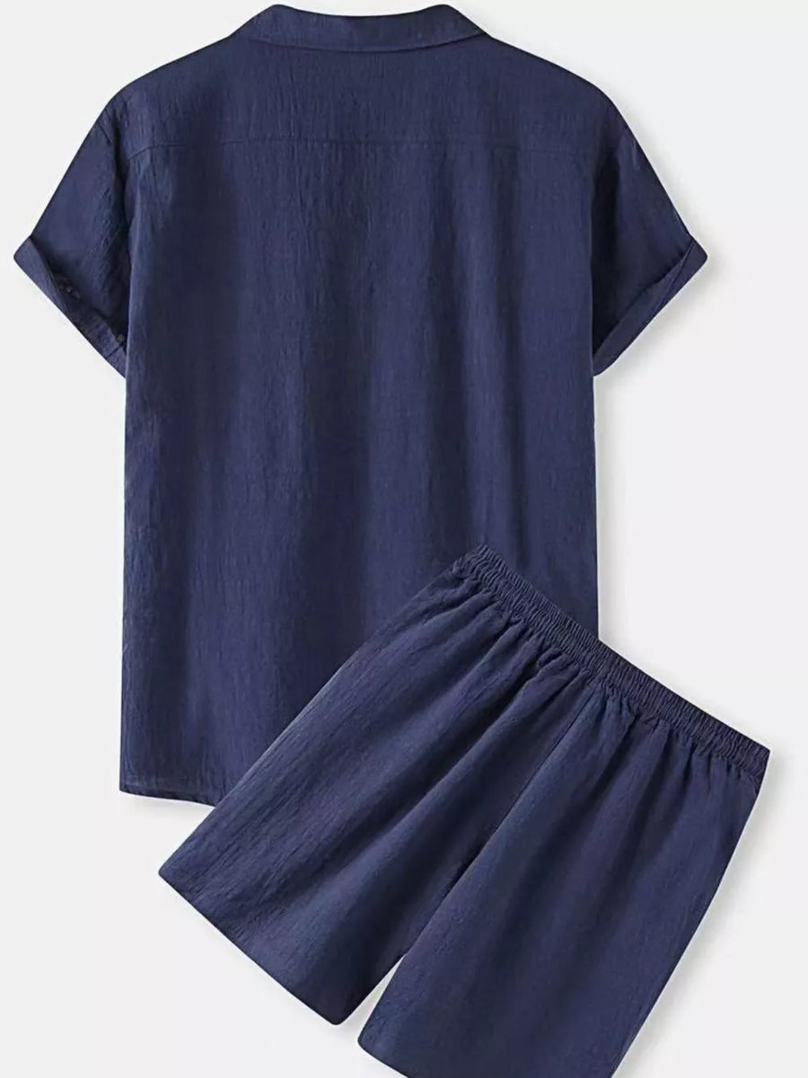 Navy blue linen blend short sleeve collared shirt and drawstring shorts set