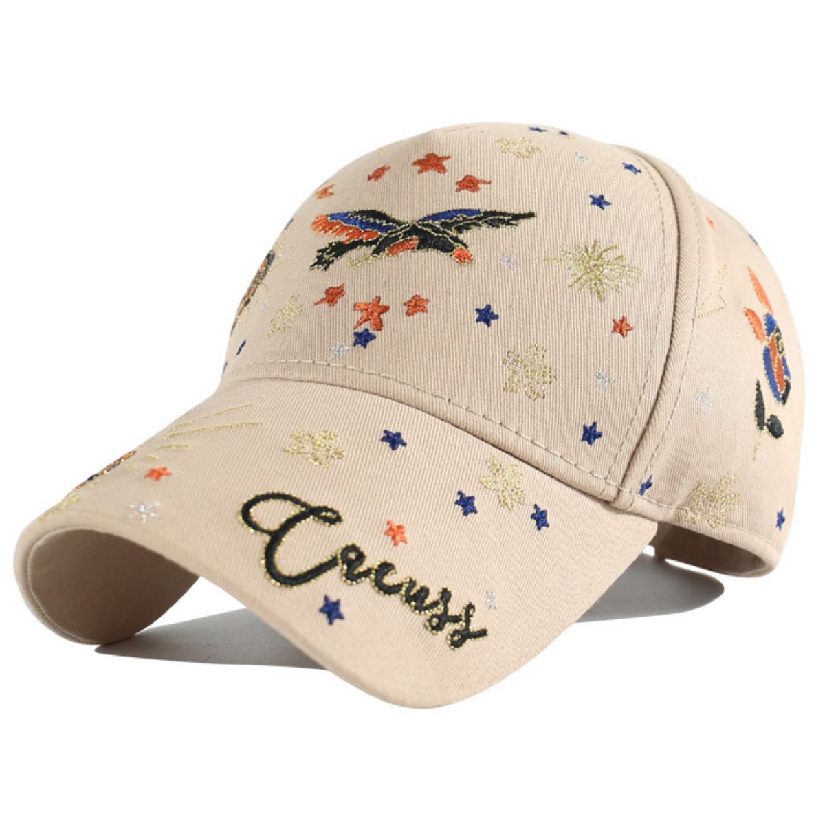 Khaki cotton baseball cap with intricate bird and star embroidery and "Circus" text.