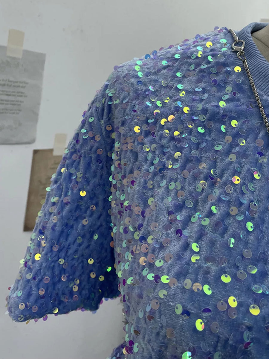 Blue iridescent sequin embellished t-shirt with crew neck and short sleeves.