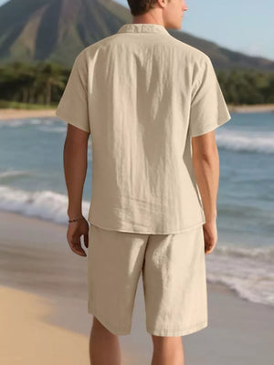 Men's Khaki casual shirt and shorts ensemble, short sleeve, collared, relaxed fit.