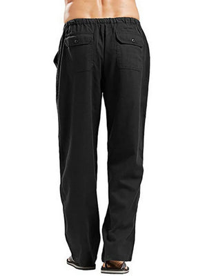 Black linen drawstring trousers with relaxed fit and two back pockets.