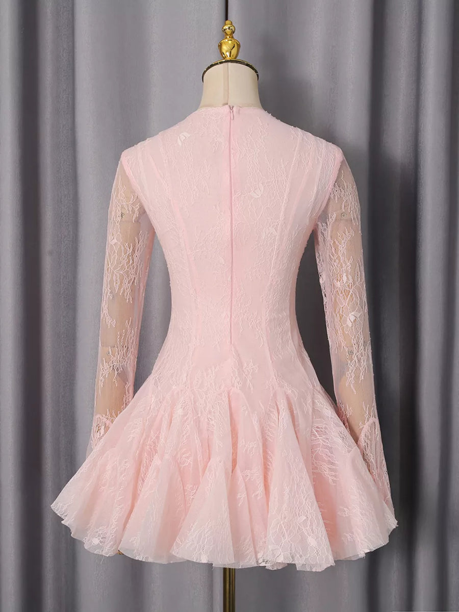 Pink with Lace Flare Sleeve Mini Dress in Pink