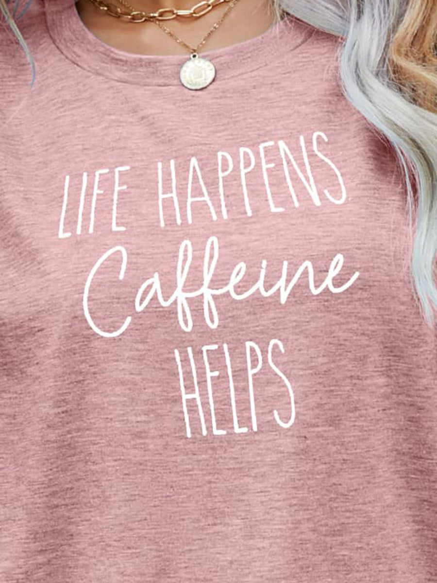 Slub knit tee in Blush Pink with white "Life Happens Caffeine Helps" graphic print.