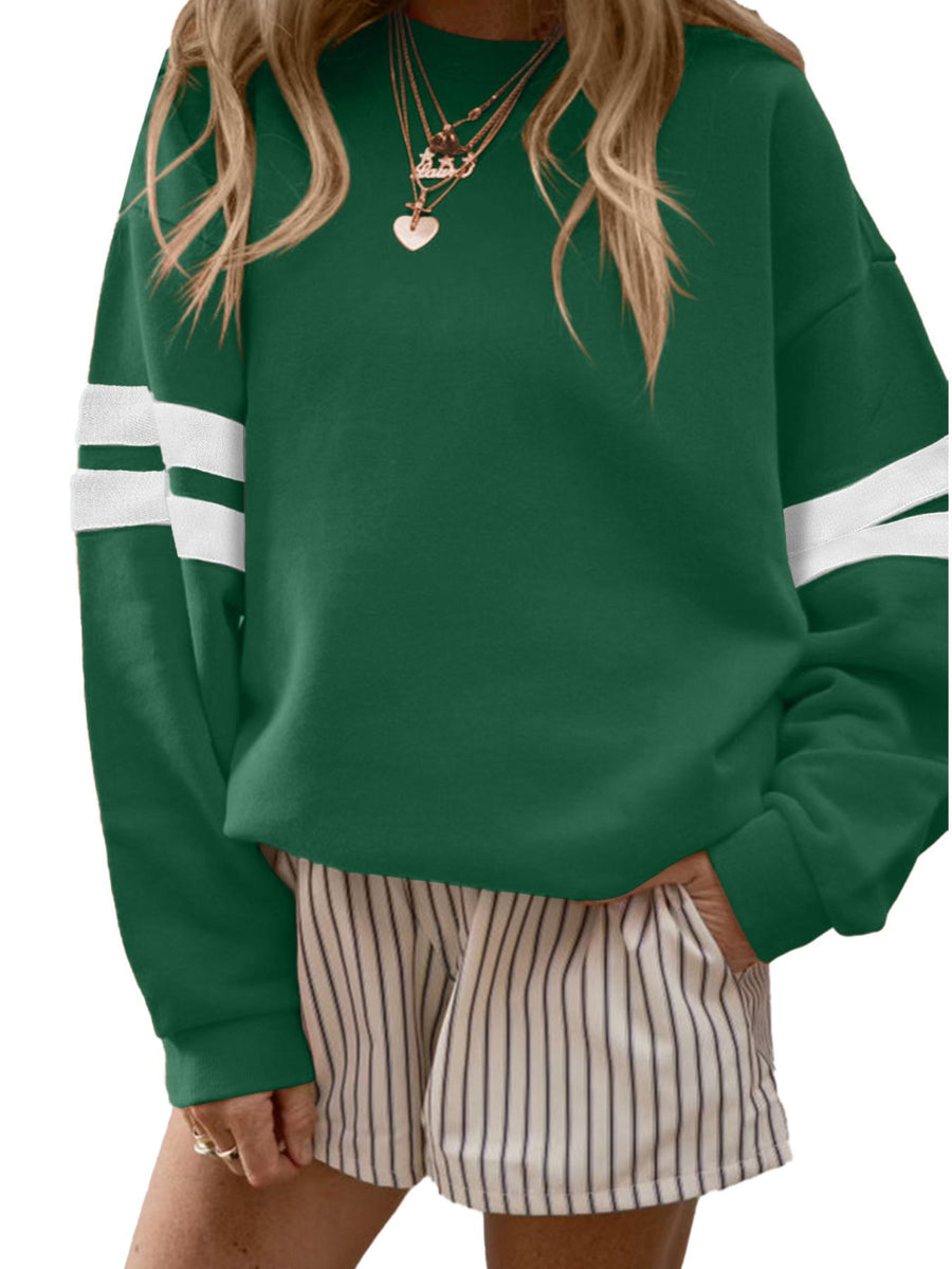 Blue sweatshirt featuring dropped shoulder and striped