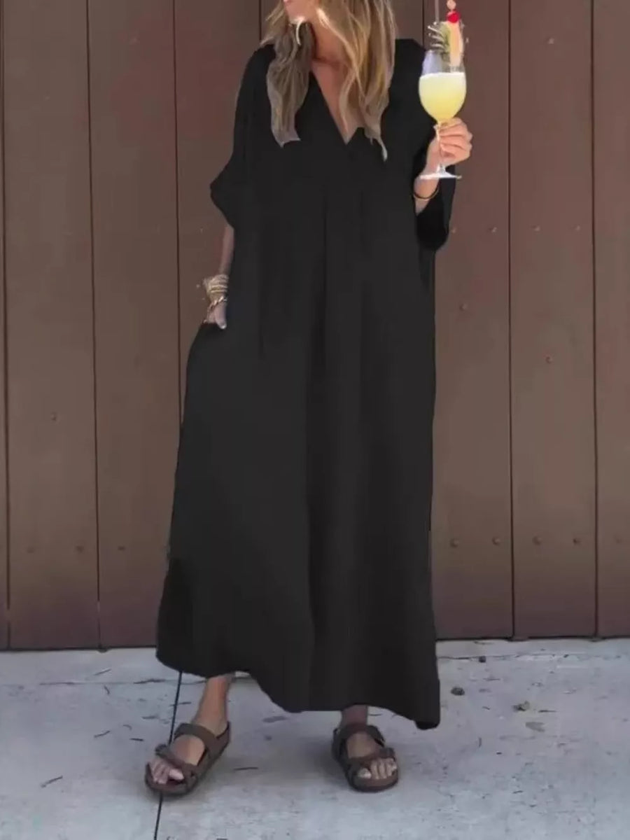 Full Size V-neck Maxi Dress Plus Size in Navy Blue