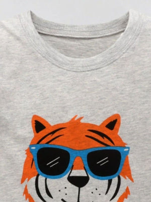 Grey cotton crew neck t-shirt with a cool tiger graphic wearing blue sunglasses.