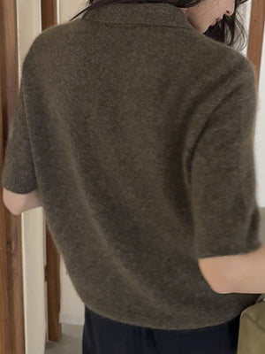 Wool Short-Sleeve Knitted Polo Shirt in Beige with ribbed hem