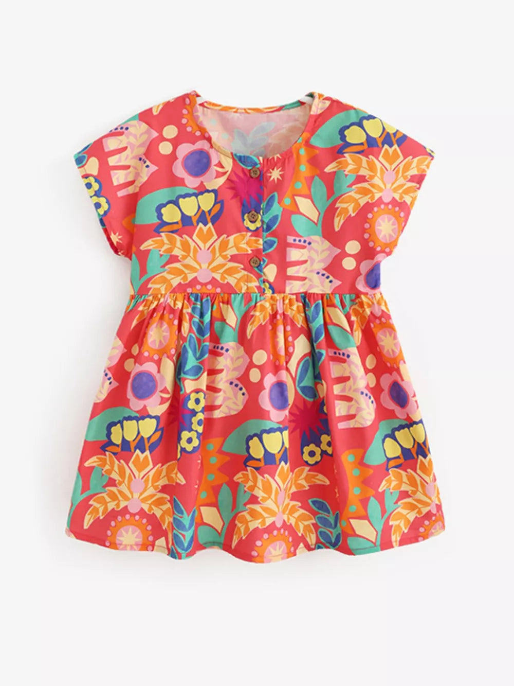 Toddler button-down dress with vibrant floral print and short sleeves.