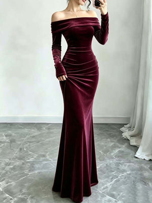 formal gown in burgundy featuring off-shoulder and fitted fit