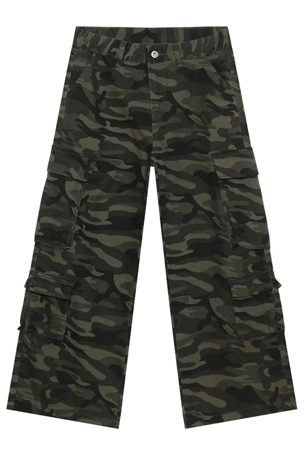 Wide-leg camo cargo pants in green camouflage with multiple utility pockets.