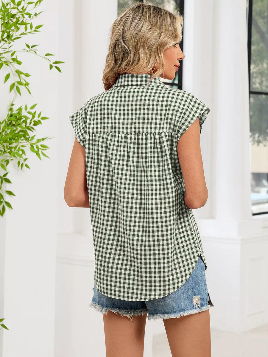 Green with Plaid Button Up Cap Sleeve Shirt