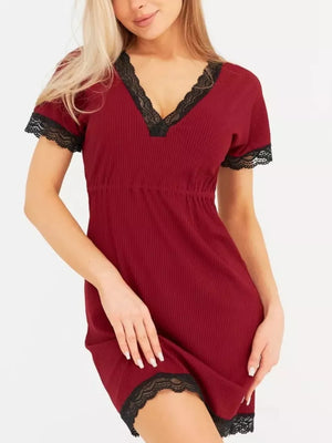 Apricot with Ribbed Lace-trim V-neck Mini Dress Plus Size in Apricot