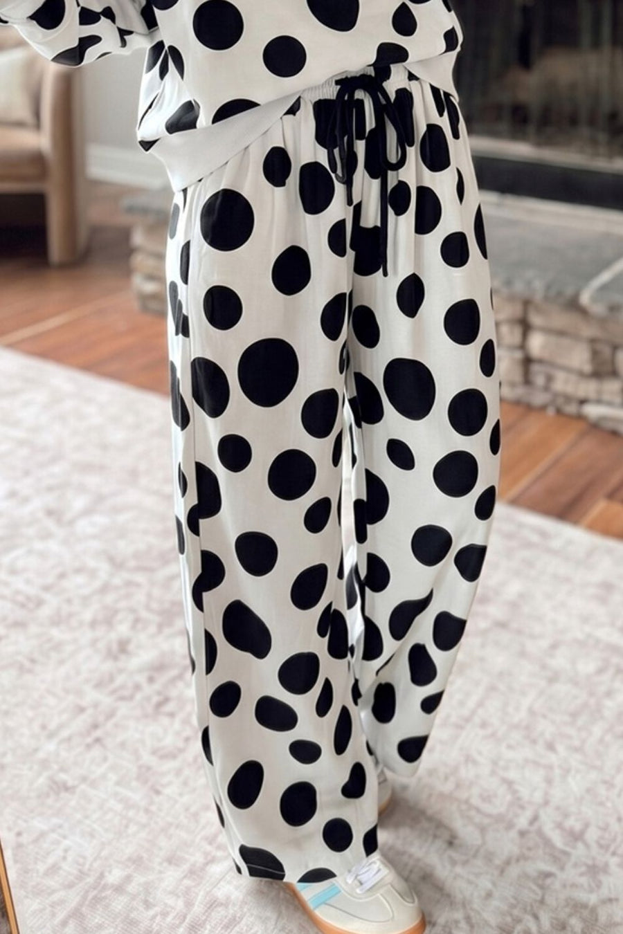 100% polyester Care instructions: Machine wash cold pajama set in Dot with relaxed silhouette