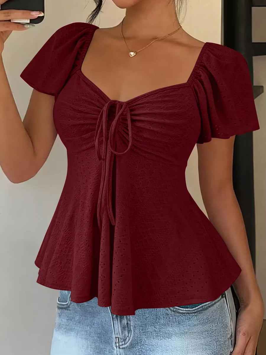 Ruched Flutter Sleeve Peplum Top in Sky Blue