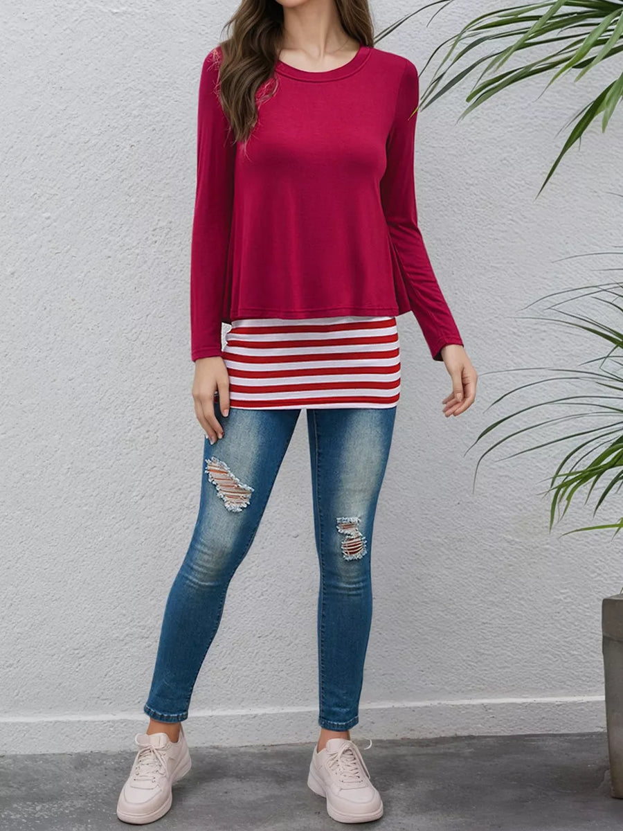 Layered Crew Neck Long Sleeve Striped T-shirt in Cerise