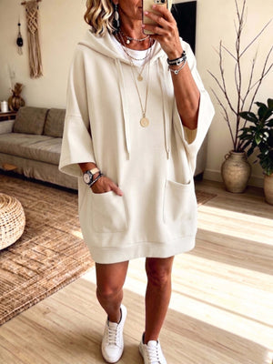 Drawstring Hoodie Dress With Pockets in Orange with drawstring