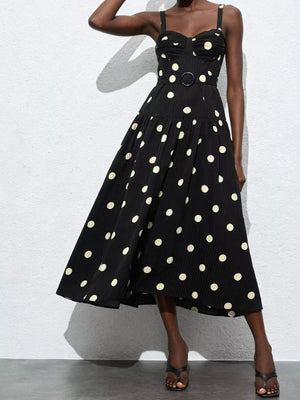 Black polka dot a-line midi dress with sweetheart neckline and belted waist