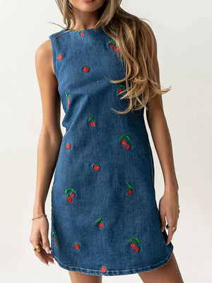denim blue mini dress with fruit-print and round neck