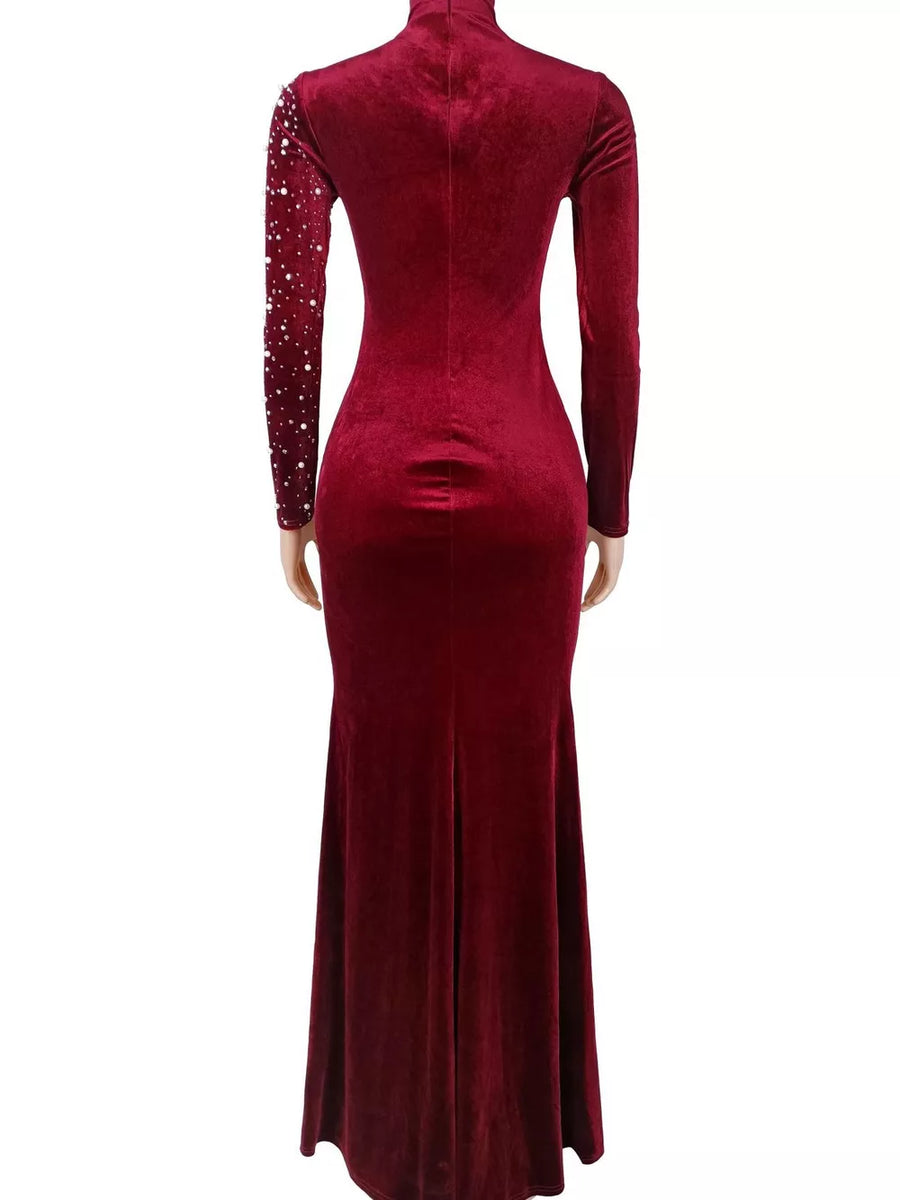 Rhinestone Embellished Velvet Mermaid Maxi Dress in Burgundy with rhinestone