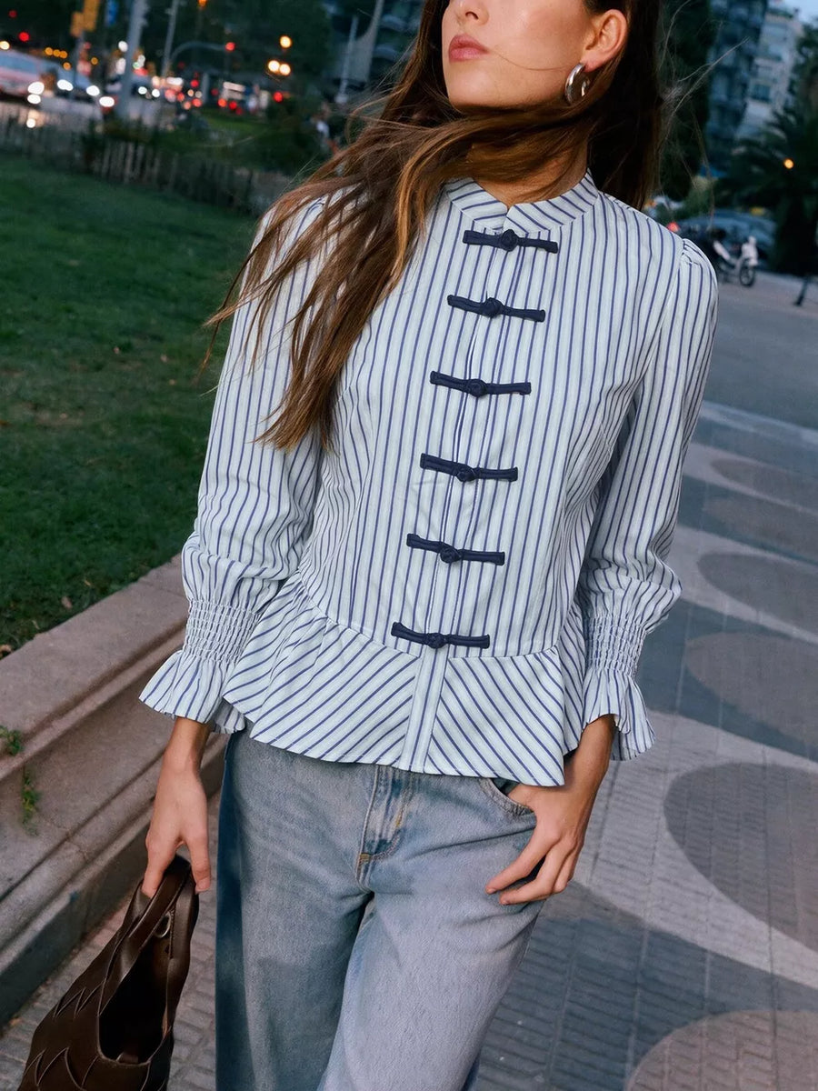 vintage-inspired peplum top in Blue with mandarin collar
