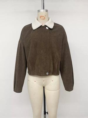 Contrast Sherpa Collar Corduroy Zip Up Jacket in dark brown with sherpa collar