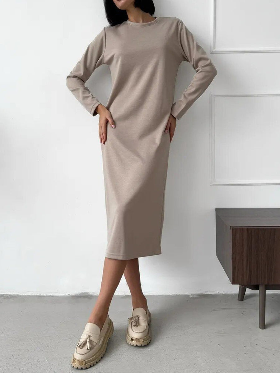 Black straight midi dress with round neck