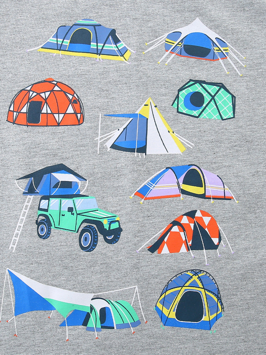 Kids cotton t-shirt with colorful camping tent and jeep graphic print on grey heather.
