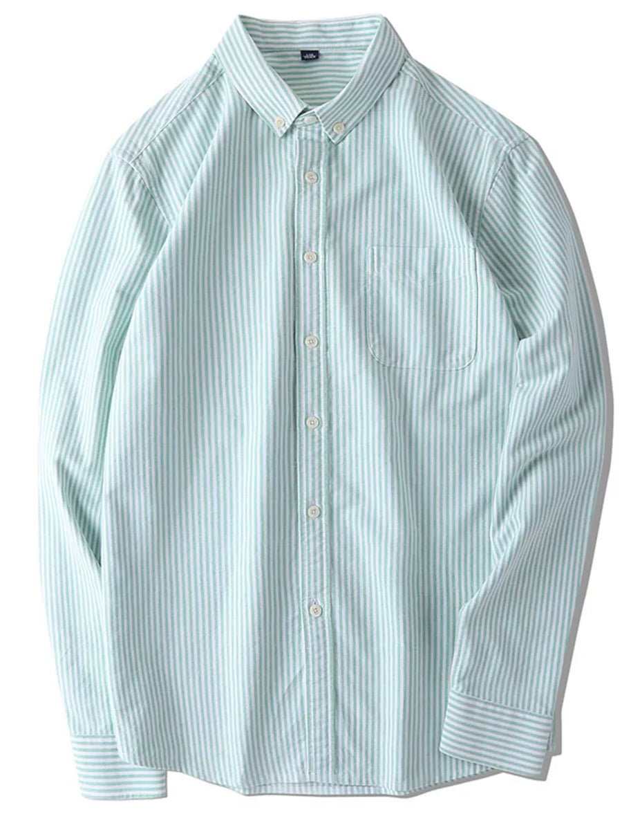 Classic striped button-down shirt in light blue cotton with a chest pocket.