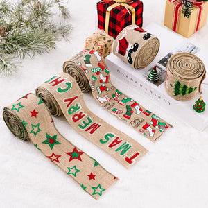Burlap ribbons with Christmas designs: stars, Santa, stockings, trees, and Merry Christmas text.