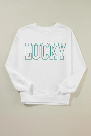 White crewneck sweatshirt with green varsity "LUCKY" graphic